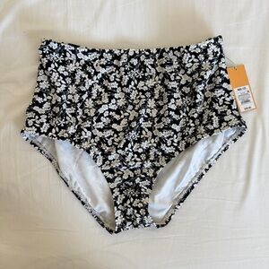Kona Sol Black and White Floral High-Waist Swim Bottoms